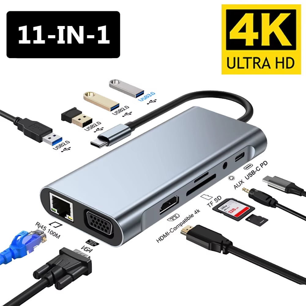 11-in-1 USB-C Hub with 4K 30Hz HDMI, USB 3.0 Adapter, and 87W Power Delivery for MacBook Pro and Air
