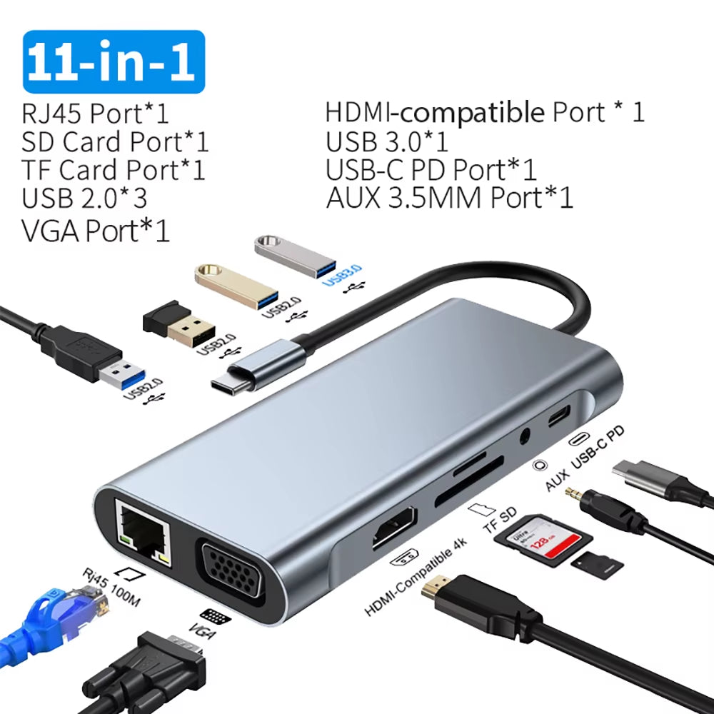 11-in-1 USB-C Hub with 4K 30Hz HDMI, USB 3.0 Adapter, and 87W Power Delivery for MacBook Pro and Air